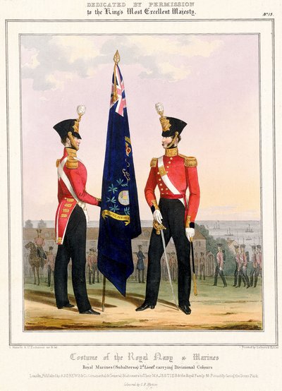 Traje da Marinha Real e dos Fuzileiros Navais. Fuzileiros Reais (Subalternos) 2d. Tenente, c.1832 (litografia colorida) de L. and Eschauzier St. Mansion