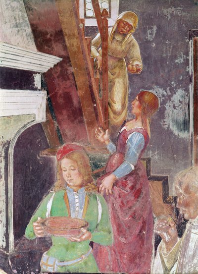 Jovem servo segurando um prato, detalhe de São Bento recebendo hospitalidade, da vida de São Bento, 1497-98 (detalhe de 164410) de L. and Sodoma, G. Signorelli