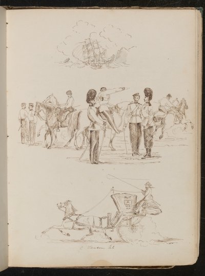 Estudo de um navio soprando na água, estudo de oito soldados e cinco cavalos, estudo de um cavalo e carruagem com uma cavaleira de Lady Butler