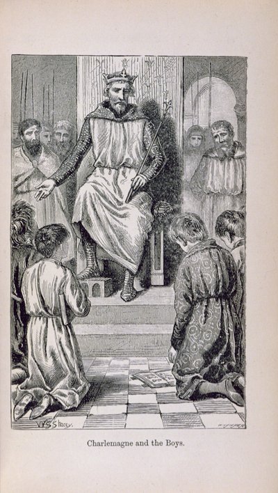 Carlos Magno (742-814) e os meninos, ilustração da "História da França de Little Arthur: do mais primitivo dos tempos à queda do segundo império", publicada em 1899 de Lady M. Chalcott