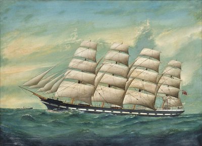 O navio de quatro mastros Romsdal a navegar nas ondas de Lai Fong