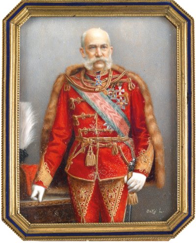 Retrato de François Joseph I da Áustria (1830-1916), em uniforme húngaro. Obra de Lajos Osko (1865-1922), aquarela e guache sobre chifre. Arte húngara, arte acadêmica. Coleção privada. de Lajos Osko