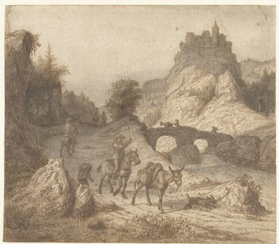 Paisagem de montanha com castelo e figuras de Lambert Doomer