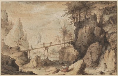 Desenhador em uma pedra antes de uma ponte de Lambert Doomer