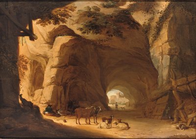 Pastores e seu gado descansando em uma gruta (óleo no painel) de Lambert Doomer