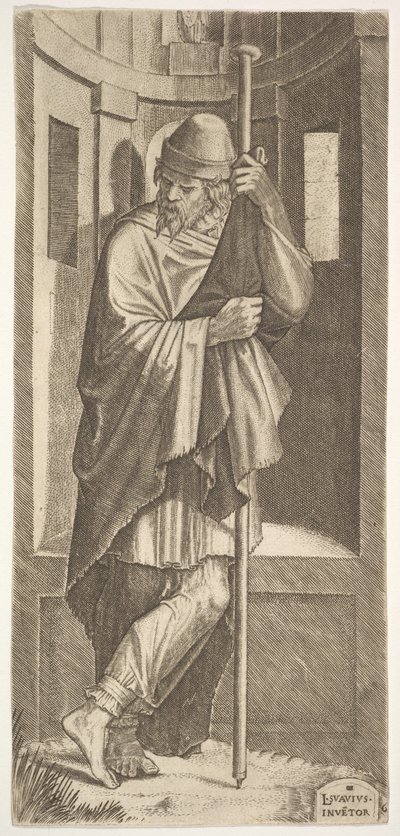 St. James Major apoiado em um poste diante de um nicho, a perna esquerda cruzada sobre a direita, de..., 1545. de Lambert Suavius