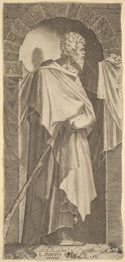 São Tiago Menor em nicho arqueado, segurando uma bengala nas mãos, que são c..., 1545. de Lambert Suavius