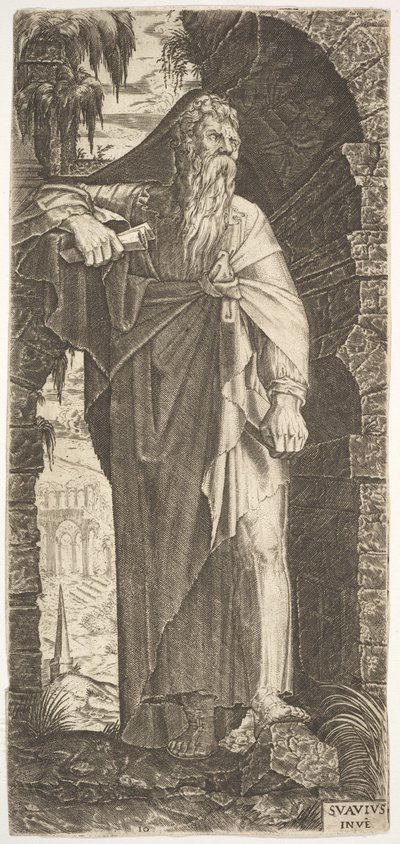 São Paulo de pé sob um arco coberto de mato, o pé esquerdo apoiado sobre uma rocha, a mão direita..., 1545. de Lambert Suavius