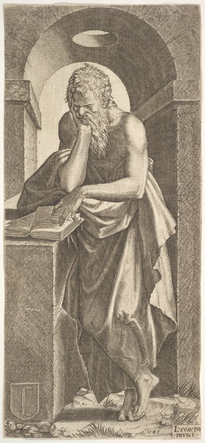 St. Simon em pé diante de um livro aberto com os dedos da mão esquerda pressionados no ..., 1545. de Lambert Suavius
