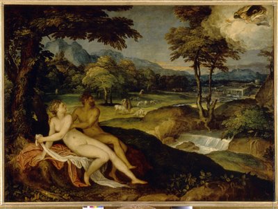 Júpiter e Io. Pintura por Lambert Sustris (1515 ou 1520 - após 1591), óleo sobre tela, entre 1558 e 1563. Arte italiana (Veneza) de Lambert Sustris