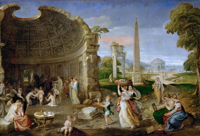 Paysage avec ruines antiques et femmes se baignant - Paisagem com ruínas antigas e mulheres de banho - Lambert Sustris (Alberto de Olanda) (1515/20-após 1591). Óleo sobre tela, ca. 1552-1553. Dimensão : 101x150 cm. Museu de História de Arte, Vienne de Lambert Sustris