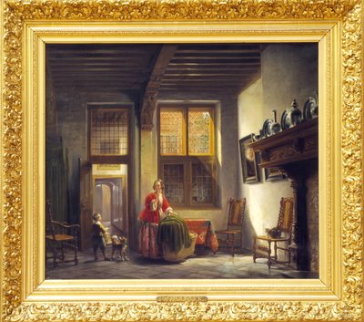 Primeiro nome Interior com mulher e criança numa escadaria de Lambertus Johannes Hansen