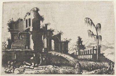 Paisagem com ruínas e viajantes em sobrecrescimento
Ruinarum variarum fabricarum delineationes pictoribus caeterisque id genus artificibus multum utiles (título da série) de Lambertus Suavius