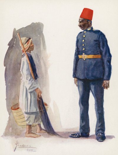 Povo do Egipto: O polícia e o rapaz, Ascari Balis wa waled (litografia a cores) de Lance Thackeray