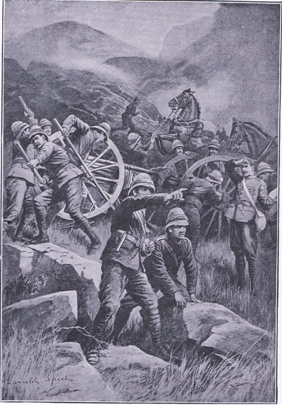 Uma arma derrubada em uma encosta, de After Pretoria: The War Guerilla publicado pela Harmsworth Bros Limited, 1901 de Lancelot Speed