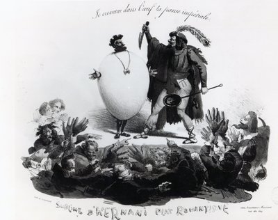 &39;Hernani Sublime, um prato romântico&39;, caricatura de Hernani &39;de Victor Hugo (1802-85) c.1830 (ver também 239200) de Langlume