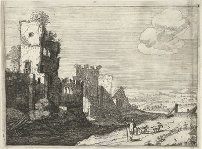 Pastor de cabras em um fosso do castelo Paisagens com construções romanas antigas (título da série) de Laurens Barata