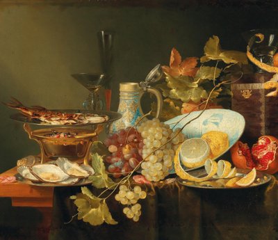 Natureza morta de fruta, uma tigela de porcelana chinesa e um peixe num fogão de Laurens Craen
