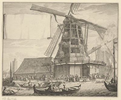 Incêndio no moinho de óleo De Zeug perto de Wormer, 1699 de Laurens Scherm