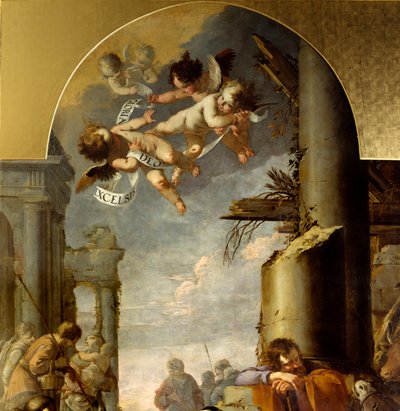 A Adoração dos Pastores Detalhe representando os anjos. Pintura de Laurent de la Hyre (Laurent de la Hire de Laurent de la Hyre
