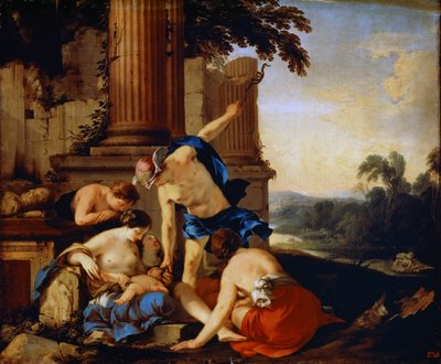 Mercúrio dando à criança Baco às ninfas de Nysa, 1638. de Laurent de la Hyre