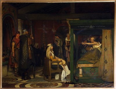 Fredegund (cerca de 545-597), Rainha da Nêustria, visita o Bispo Pretextat de Rouen (falecido em 586) em seu leito de morte (Fredegund visita o Bispo Praetextatus em seu leito de morte) - Pintura de Sir Lawrence Alma-Tadema (Alma Tadema) (1836-1912) , óleo de Lawrence Alma Tadema