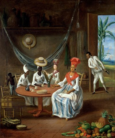 Uma Mulher Mulata com a sua Filha Branca Visitada por Mulheres Negras na sua Casa na Martinica, 1775 de Le Masurier