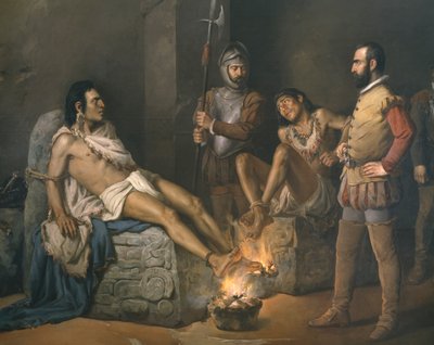 Tortura de Cuauhtemoc (1497-1525) 1893 (detalhe) (óleo sobre tela) de Leandro Izaguirre