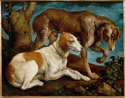 Deux chiens de chasse lies a une souche - Dois cães de caça amarrados a um cepo de árvore ... de Leandro da Ponte Bassano
