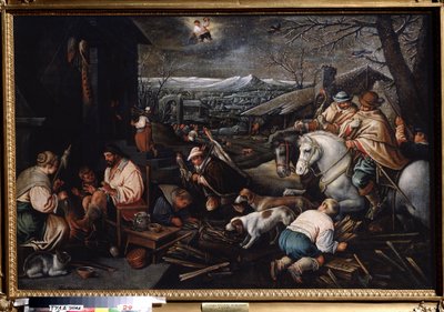 "" O mês de janeiro"" (janeiro) Caçadoras, mulheres fiando lã. Símbolo de aquário no céu. Pintura de Leandro Bassano da Ponte (1557-1622) Dim. 146 x 192 cm Museu Estatal de Arte Tula Rússia de Leandro da Ponte Bassano