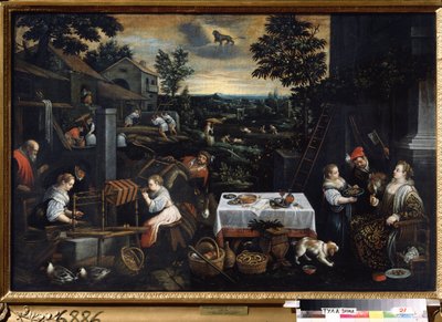 ""O mês de julho"" (julho) Trabalho na fazenda, o dono da propriedade prova os frutos do pomar, os camponeses trabalham nos campos (debulhando o trigo com um mangual). Símbolo de sinal de leão no céu. Pintura de Leandro Bassano da Pont de Leandro da Ponte Bassano
