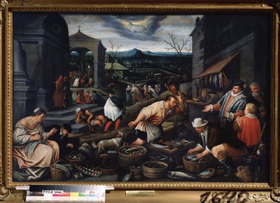 "" O mês de março"" (março) Cena do mercado de peixe. Símbolo do signo de Áries no céu. pintura de Leandro Bassano da Ponte (1557-1622) Dim. 80x121 cm Museu Estatal de Arte Tula Rússia de Leandro da Ponte Bassano