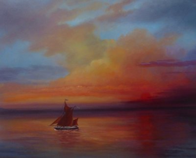 Velas Vermelhas - Barcaça Tamisa à vela cheia, 2022 (óleo sobre tela) de Lee Campbell