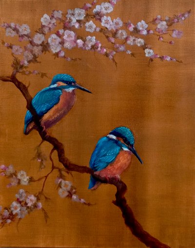 Dois Kingfishers & Apple Blossom, 2021 (óleo sobre tela) de Lee Campbell