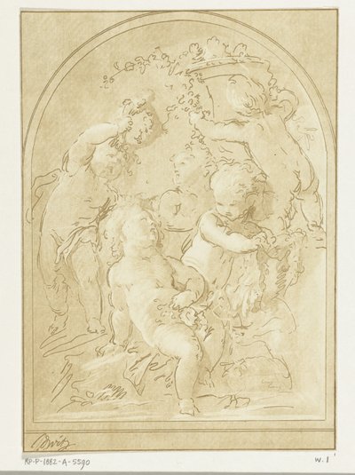 Cinco putti com flores e grinaldas por vaso de Leendert Brasser