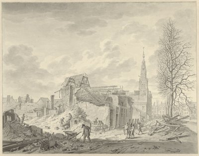 Vista do Rapenburg em Leiden após o desastre da pólvora de 12 de Janeiro de 1807 de Leendert Overbeek