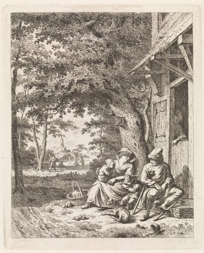 Família com cão, sentada em frente de uma casa
Paisagens com figuras (título da série) de Leendert Overbeek