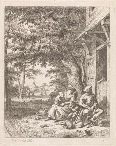 Família com cachorro, sentado em frente a uma casa Paisagens com figuras (título da série) de Leendert Overbeek