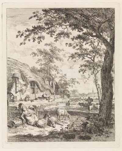 Pastora com ovelhas na frente de uma fazenda Paisagens com figuras (título da série) de Leendert Overbeek