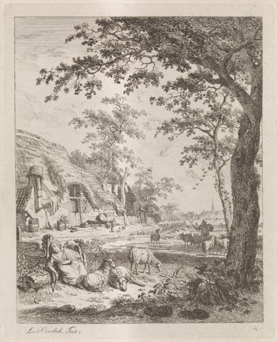 Pastora com ovelhas na frente de uma fazenda Paisagens com figuras (título da série) de Leendert Overbeek