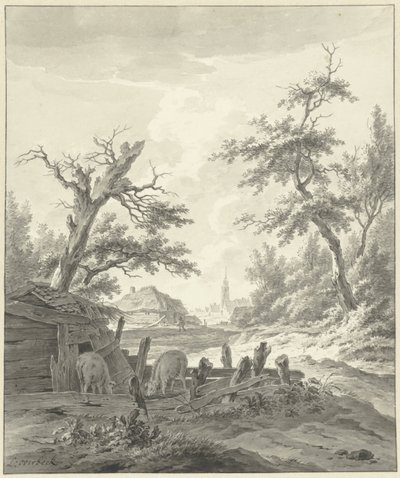 Paisagem com um curral de porcos em primeiro plano de Leendert Overbeek