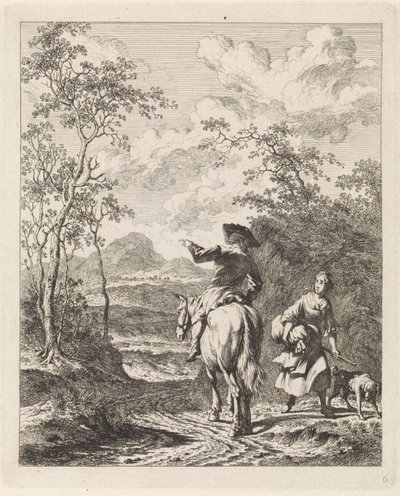 Cavaleiro a pedir instruções a uma rapariga com cão
Paisagens com figuras (título da série) de Leendert Overbeek