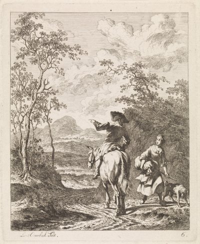 Cavaleiro a pedir instruções a uma rapariga com cão
Paisagens com figuras (título da série) de Leendert Overbeek