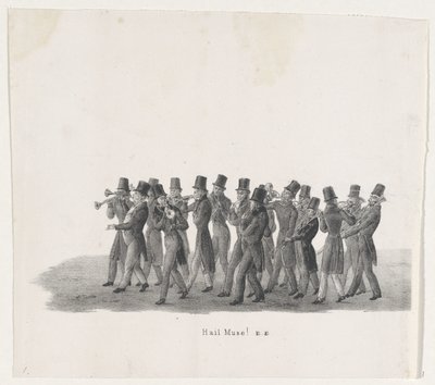 Músicos no desfile dos estudantes de Leiden, 1835
Salve Musa! (título sobre o objecto)
As actuações separadas, que concluíram o desfile, realizado por H.H. Students of the Leiden University em 9 de Fevereiro: 1835 (título da série sobre o objecto) de Leendert Springer (I)