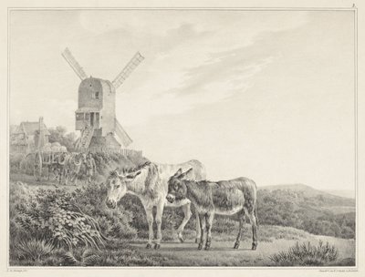 Dois burros numa paisagem perto de um moinho
Seis desenhos de pedra de L. de Koningh (título da série) de Leendert de Koningh