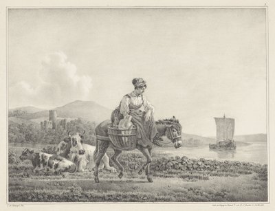 Mulher sobre burro na paisagem
Seis desenhos de pedra de L. de Koningh (título da série) de Leendert de Koningh