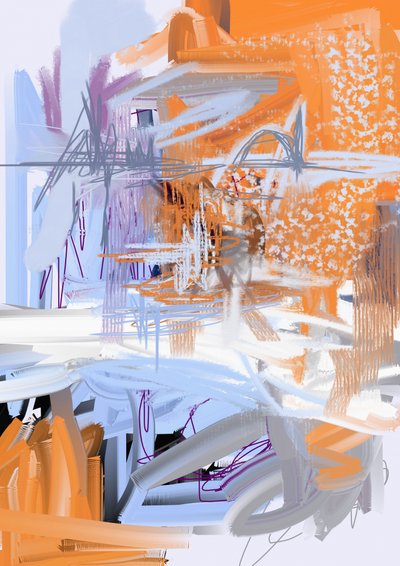 Laranja e azul: abstrato moderno de Lembayung senja studio [Vintage Poster]