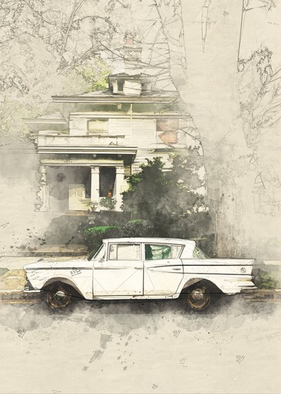 Esboço de um carro antigo e uma casa antiga de Lembayung senja studio [Vintage Poster]