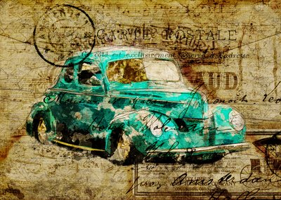 Cartão postal vintage com um carro azul-petróleo de Lembayung senja studio [Vintage Poster]