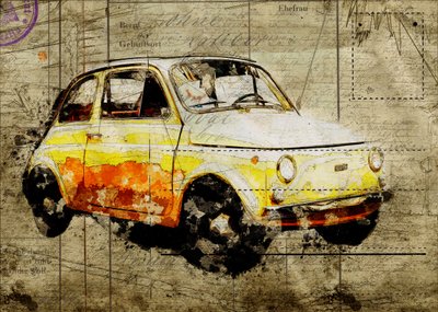 Fiat 500 amarelo vintage de Lembayung senja studio [Vintage Poster]